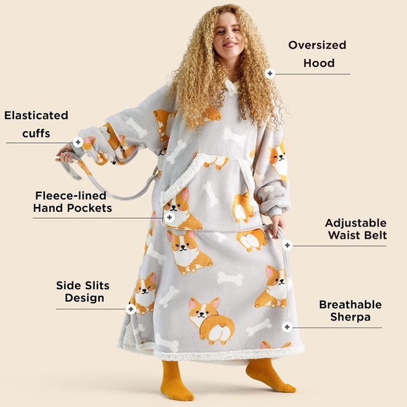 Wearable Blanket Hooded Long Fleece/ Sherpa for Adult Warm Cozy New - Picture 6 of 12